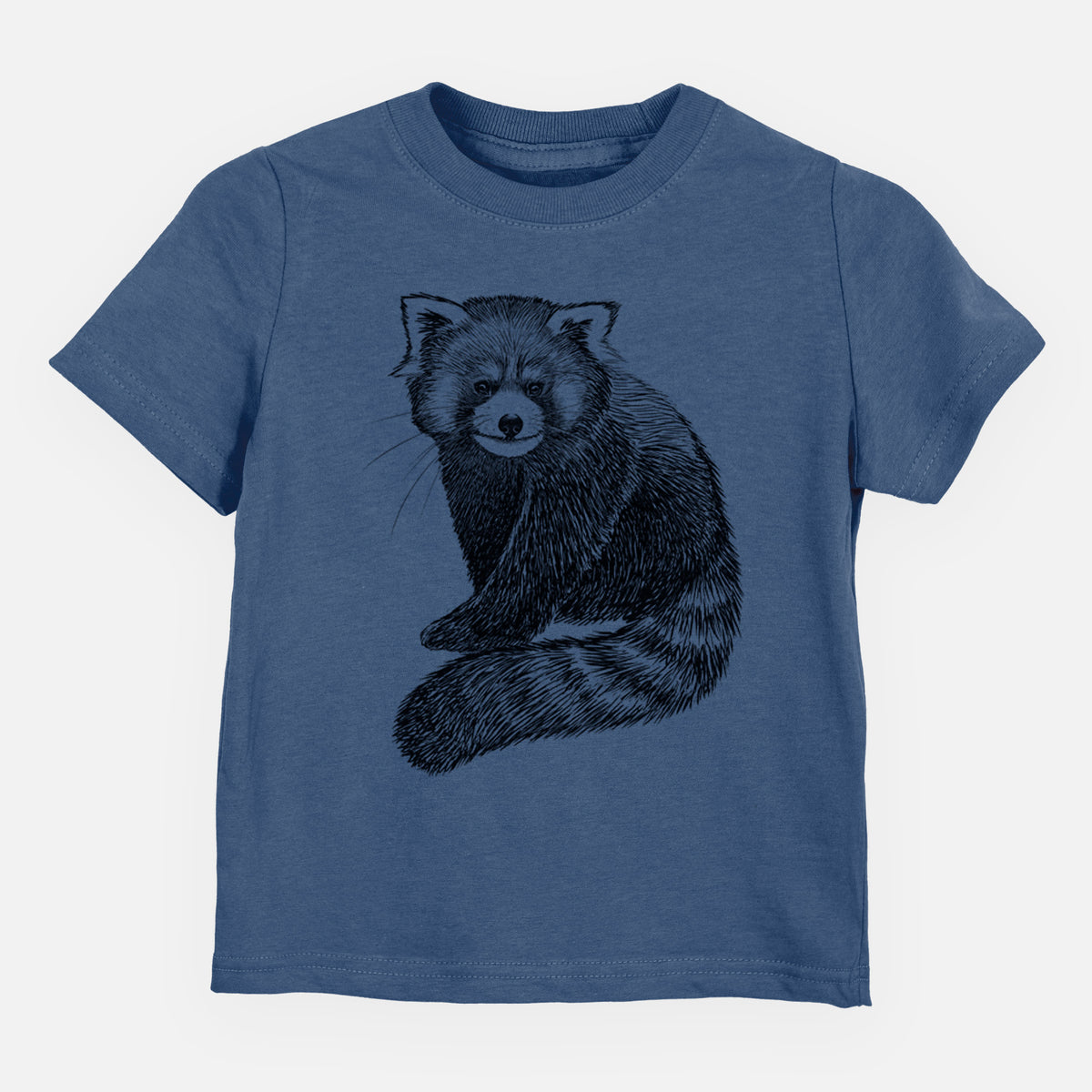 Indigo blue toddler t-shirt laid flat, printed with a detailed black ink illustration of a red panda sitting with its striped tail wrapped around.