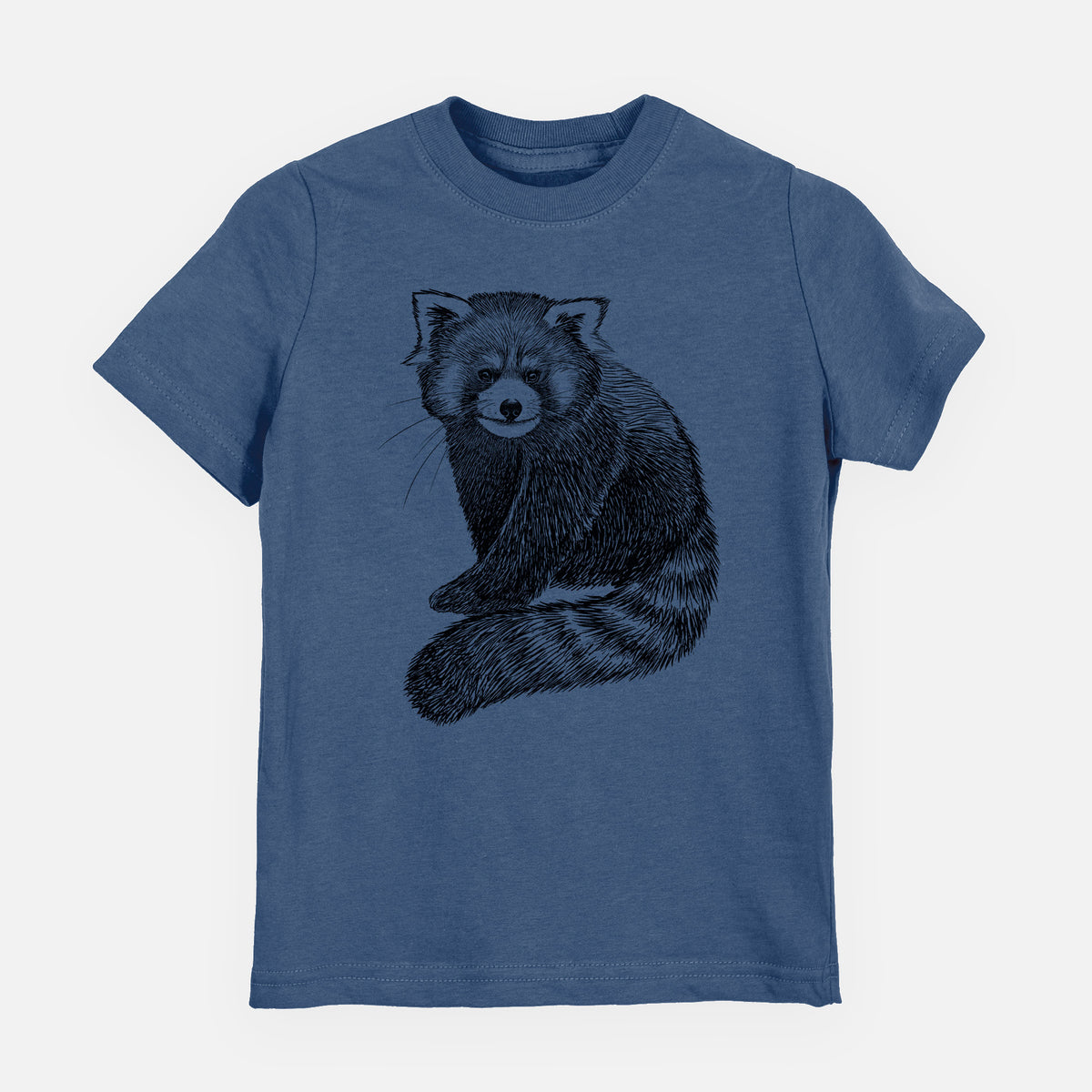 Indigo blue youth t-shirt laid flat, printed with a detailed black ink illustration of a red panda sitting with its striped tail wrapped around.