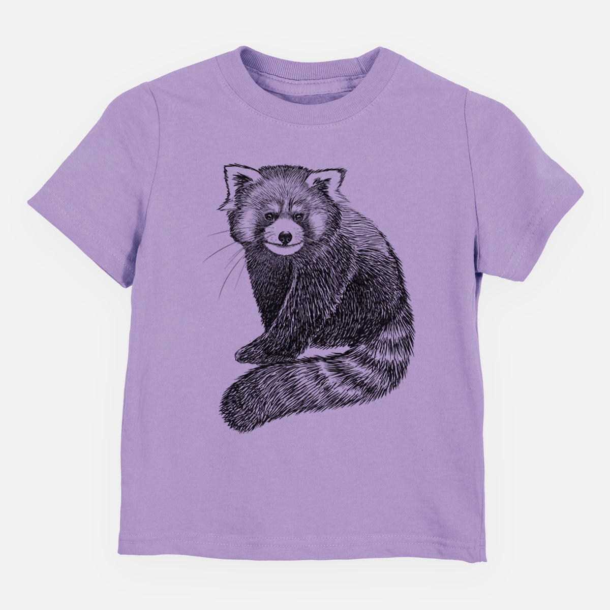 Lavender toddler t-shirt laid flat, printed with a detailed black ink illustration of a red panda sitting with its striped tail wrapped around.