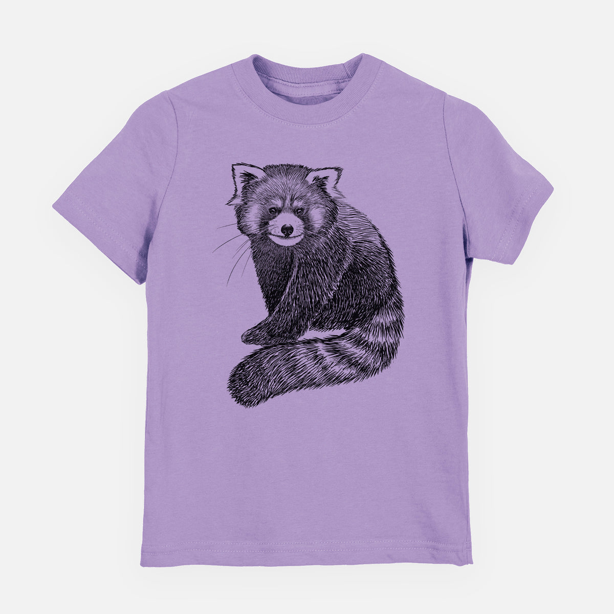Lavender youth t-shirt laid flat, printed with a detailed black ink illustration of a red panda sitting with its striped tail wrapped around.