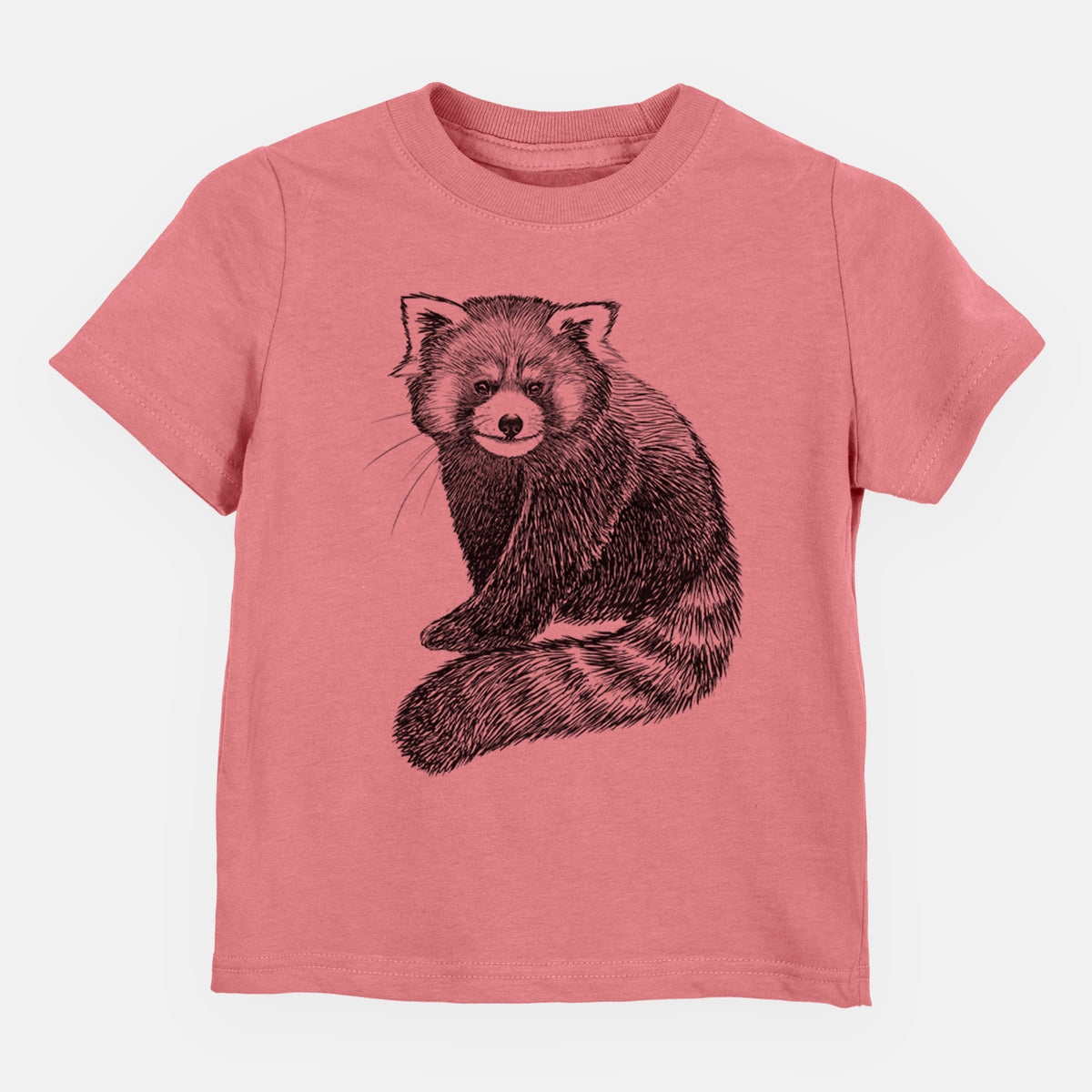 Mauve pink toddler t-shirt laid flat, printed with a detailed black ink illustration of a red panda sitting with its striped tail wrapped around.