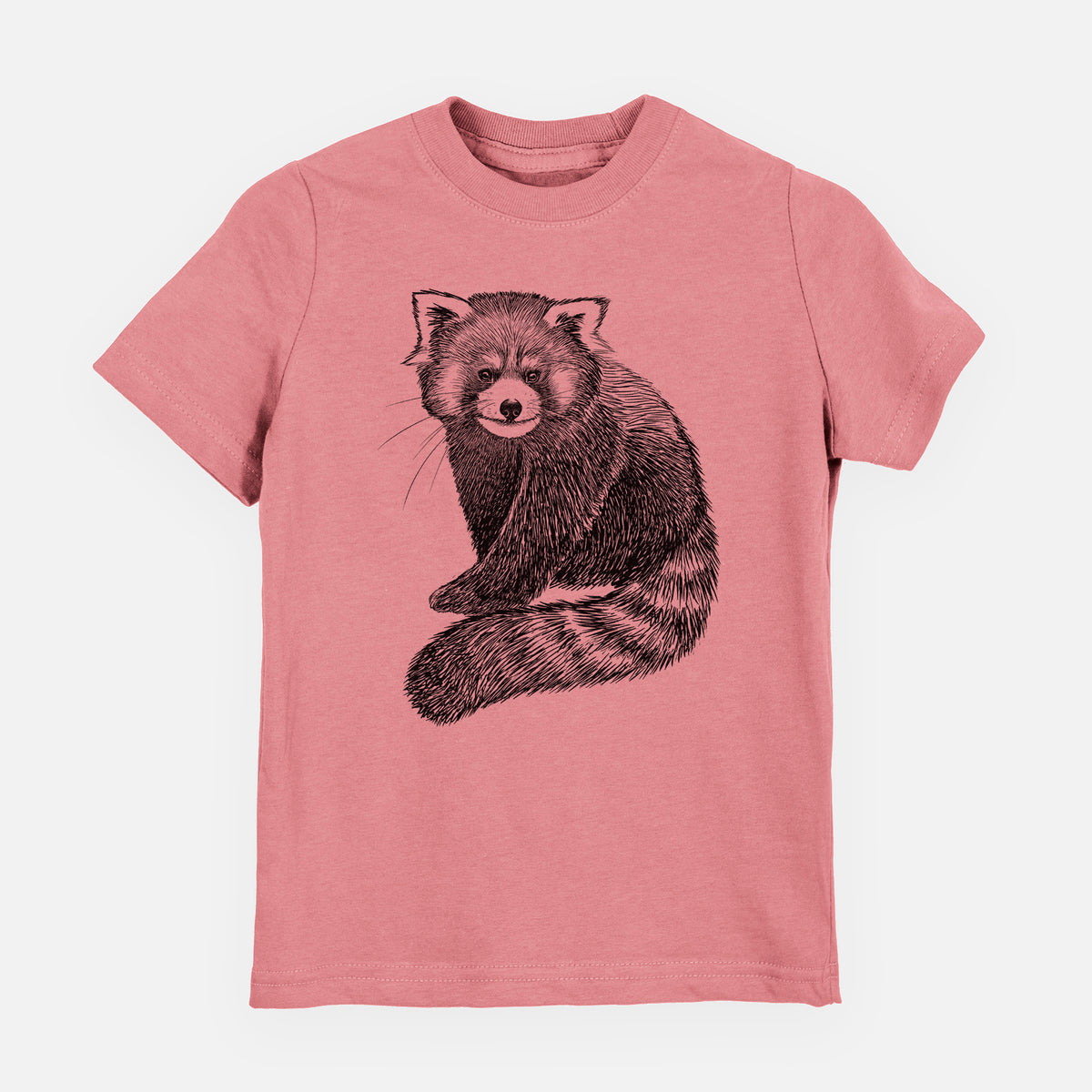 Mauve pink youth t-shirt laid flat, printed with a detailed black ink illustration of a red panda sitting with its striped tail wrapped around.