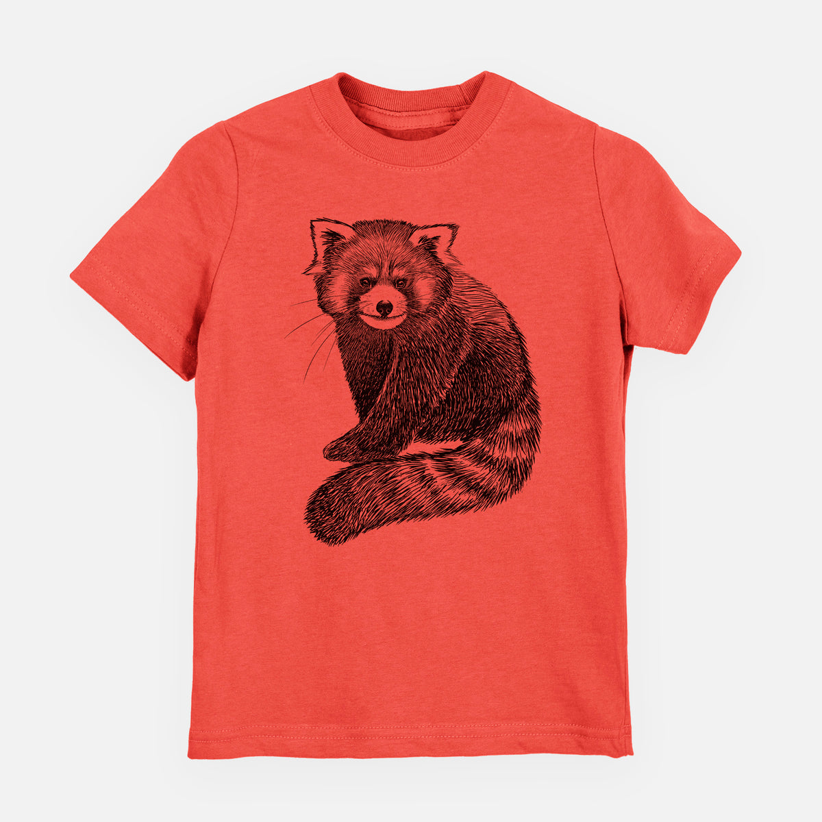 Passionfruit pink youth t-shirt laid flat, printed with a detailed black ink illustration of a red panda sitting with its striped tail wrapped around.