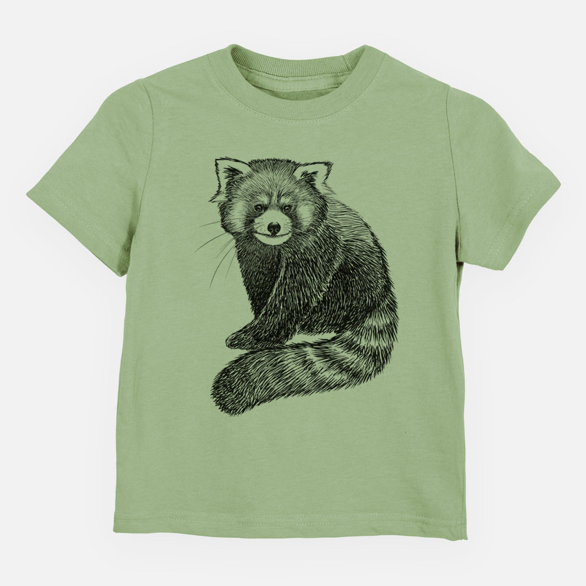 Sage green toddler t-shirt laid flat, printed with a detailed black ink illustration of a red panda sitting with its striped tail wrapped around.