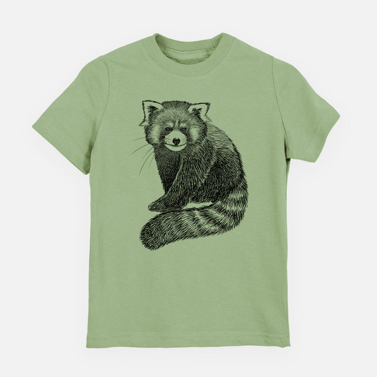 Sage green youth t-shirt laid flat, printed with a detailed black ink illustration of a red panda sitting with its striped tail wrapped around.