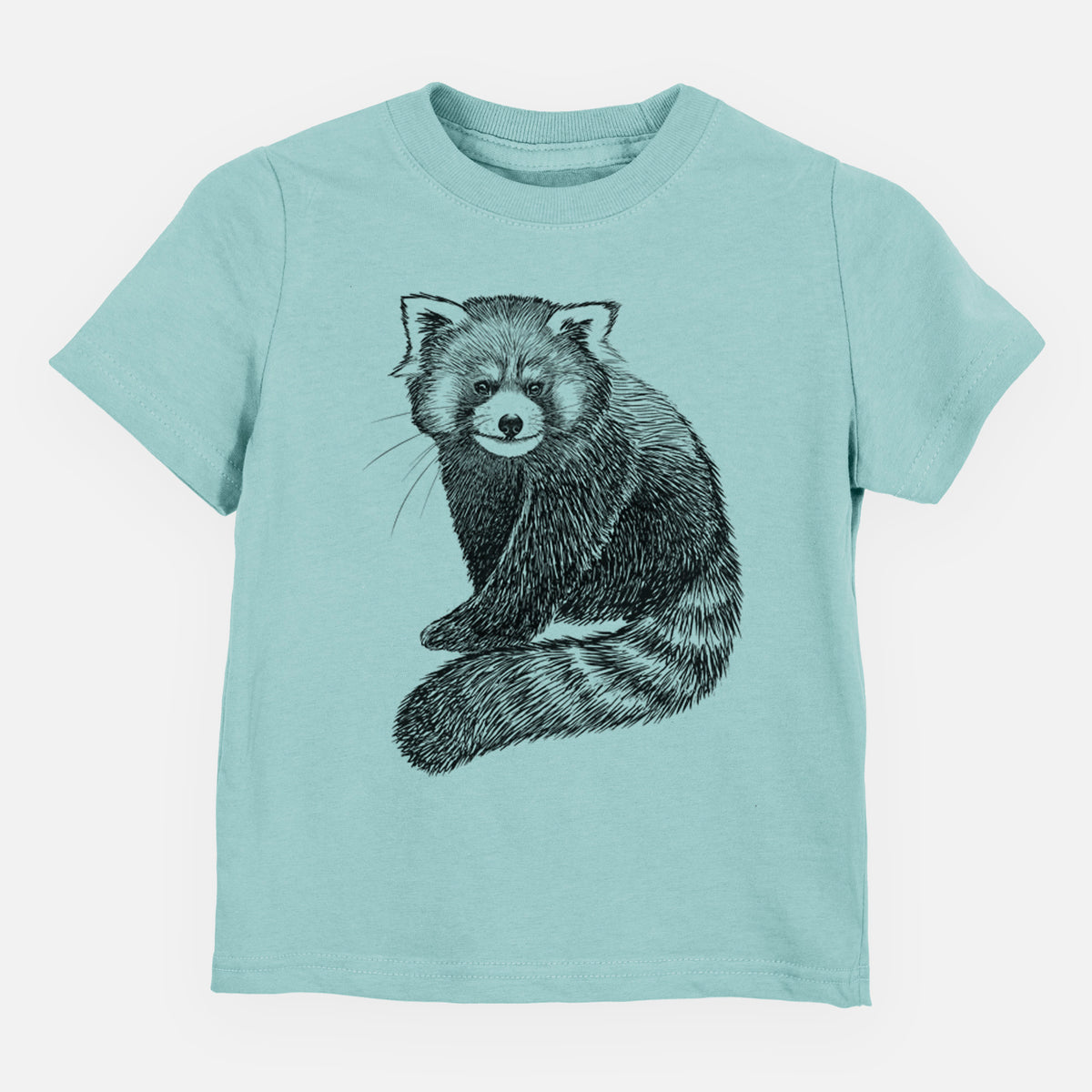 Saltwater toddler t-shirt laid flat, printed with a detailed black ink illustration of a red panda sitting with its striped tail wrapped around.