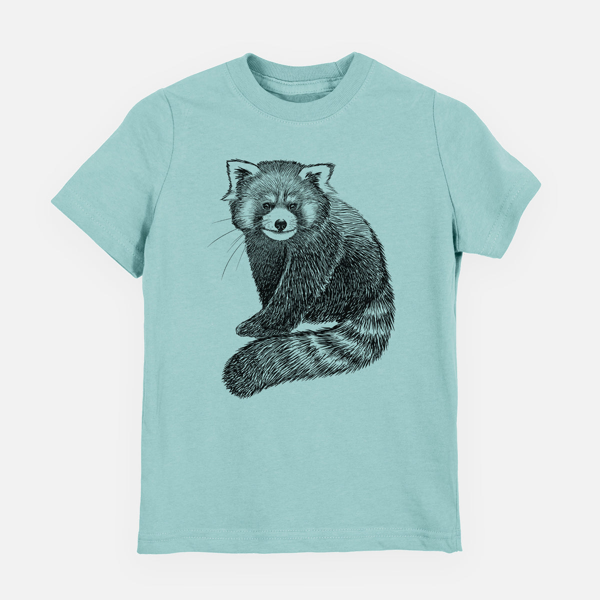 Saltwater youth t-shirt laid flat, printed with a detailed black ink illustration of a red panda sitting with its striped tail wrapped around.