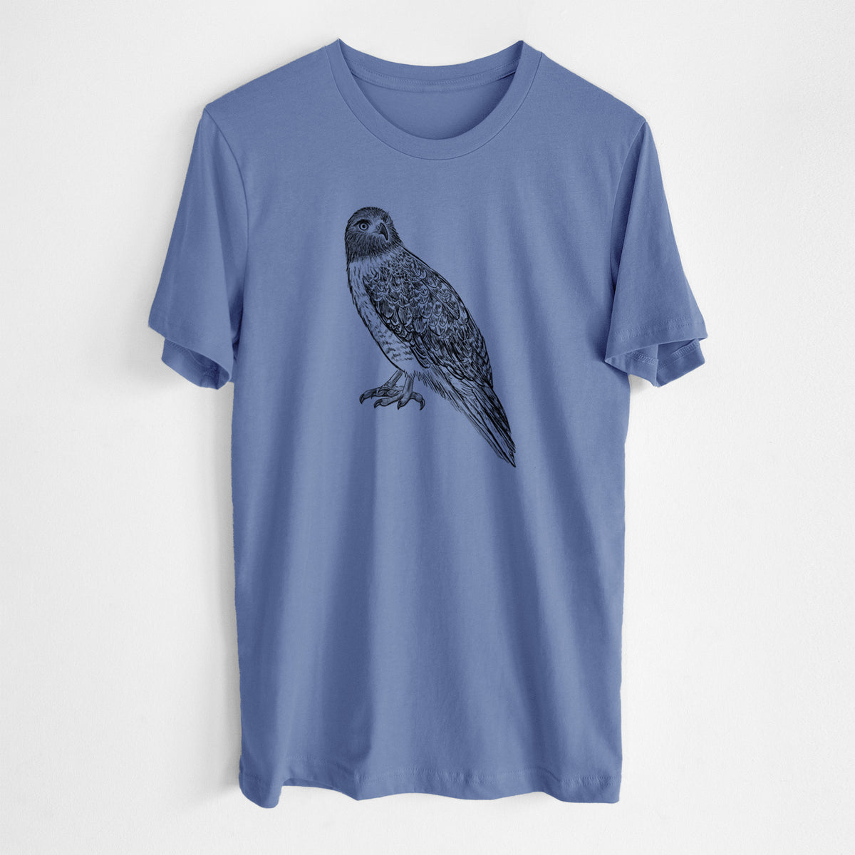 Blue bell lightweight cotton t-shirt laid flat, printed with a detailed black ink illustration of a red-tailed hawk perched.