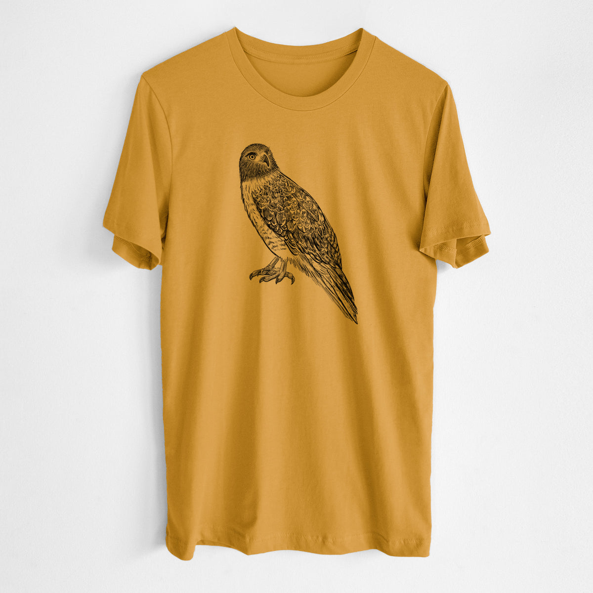 Honeycomb yellow lightweight cotton t-shirt laid flat, printed with a detailed black ink illustration of a red-tailed hawk perched.