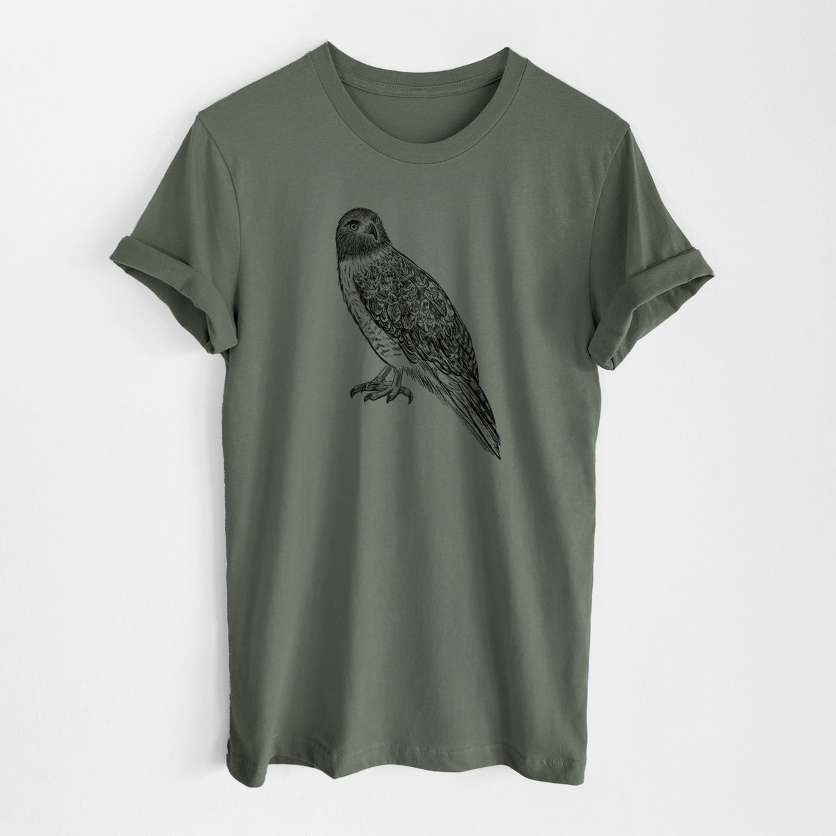 Military green lightweight cotton t-shirt laid flat, printed with a detailed black ink illustration of a red-tailed hawk perched.