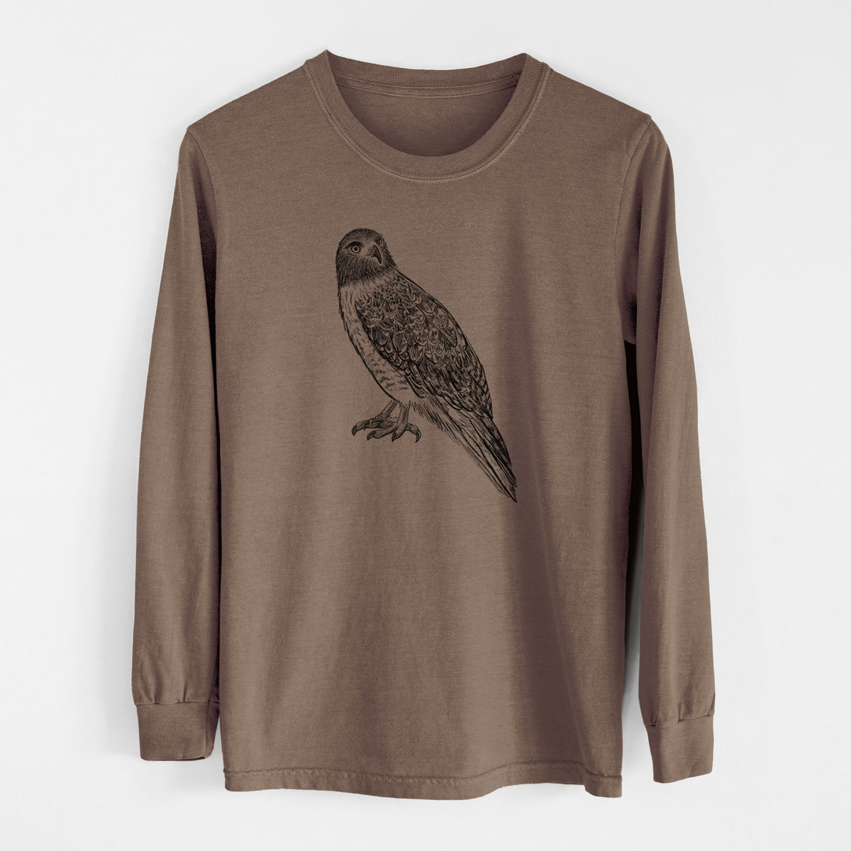 Espresso brown Comfort Colors long sleeve shirt laid flat, printed with a detailed black ink illustration of a red-tailed hawk perched.