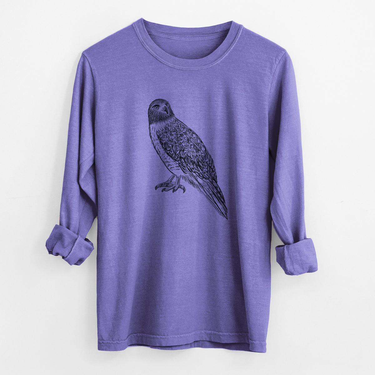 Violet purple Comfort Colors long sleeve shirt laid flat with the cuffs rolled, printed with a detailed black ink illustration of a red-tailed hawk perched.