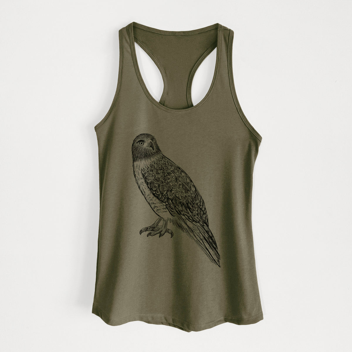 Military green women's racerback tank top laid flat, printed with a detailed black ink illustration of a red-tailed hawk perched.