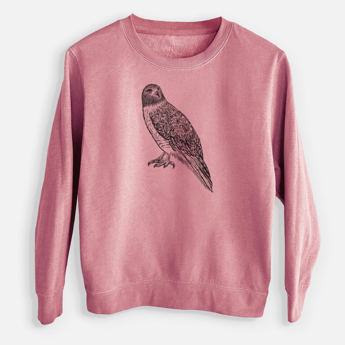 Mauve pink youth crewneck sweatshirt laid flat, printed with a detailed black ink illustration of a red-tailed hawk perched.