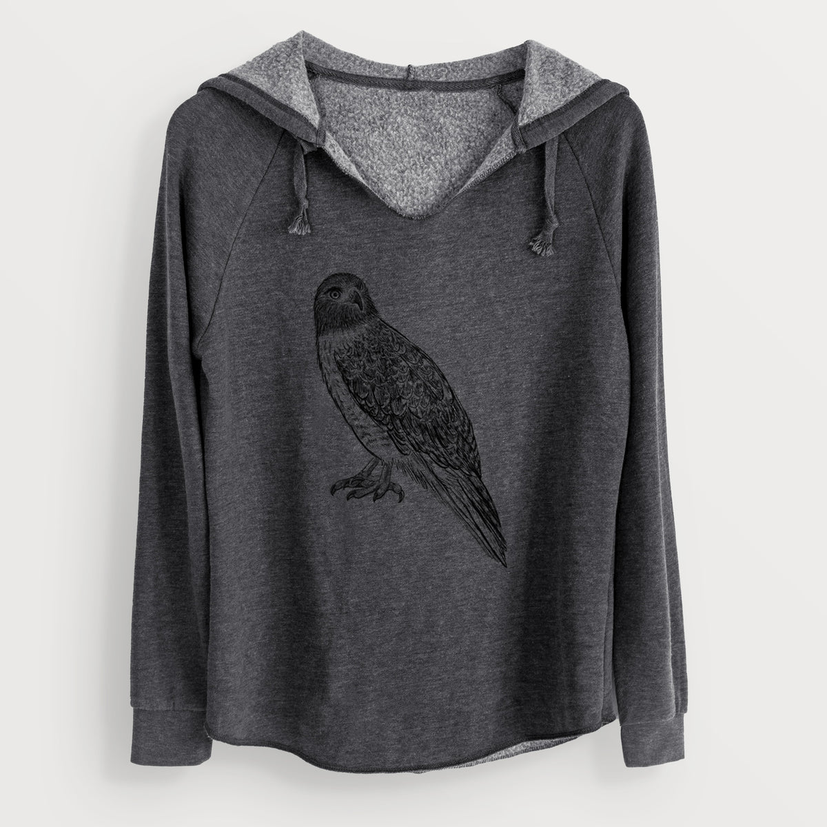 Charcoal grey women's Cali Wave hooded sweatshirt laid flat, printed with a detailed black ink illustration of a red-tailed hawk perched.