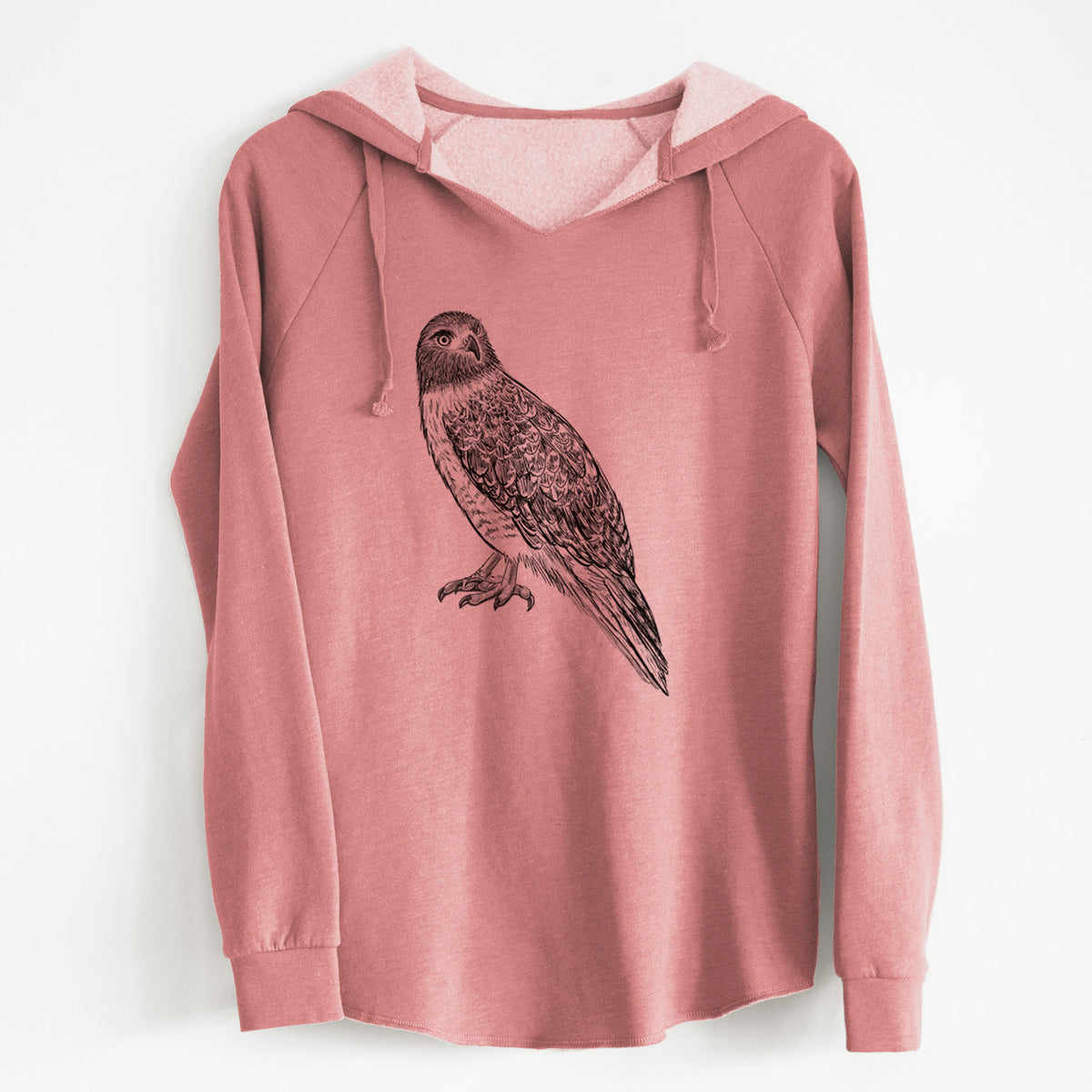 Dusty rose women's Cali Wave hooded sweatshirt laid flat, printed with a detailed black ink illustration of a red-tailed hawk perched.