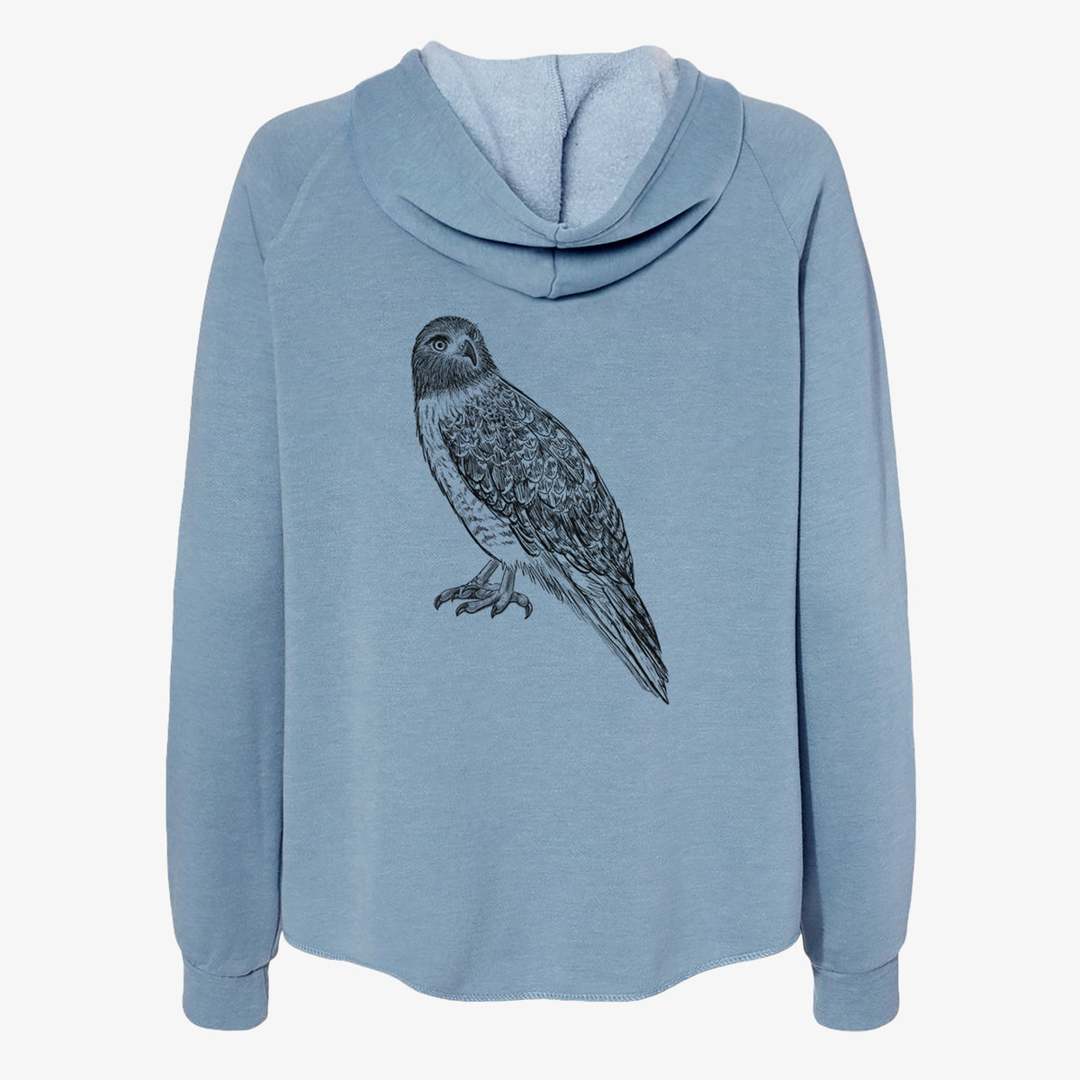 Misty blue women's Cali Wave zip-up sweatshirt laid flat, printed with a detailed black ink illustration of a red-tailed hawk perched.