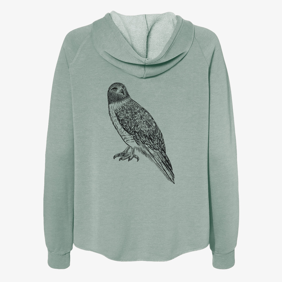 Sage green women's Cali Wave zip-up sweatshirt laid flat, printed with a detailed black ink illustration of a red-tailed hawk perched.