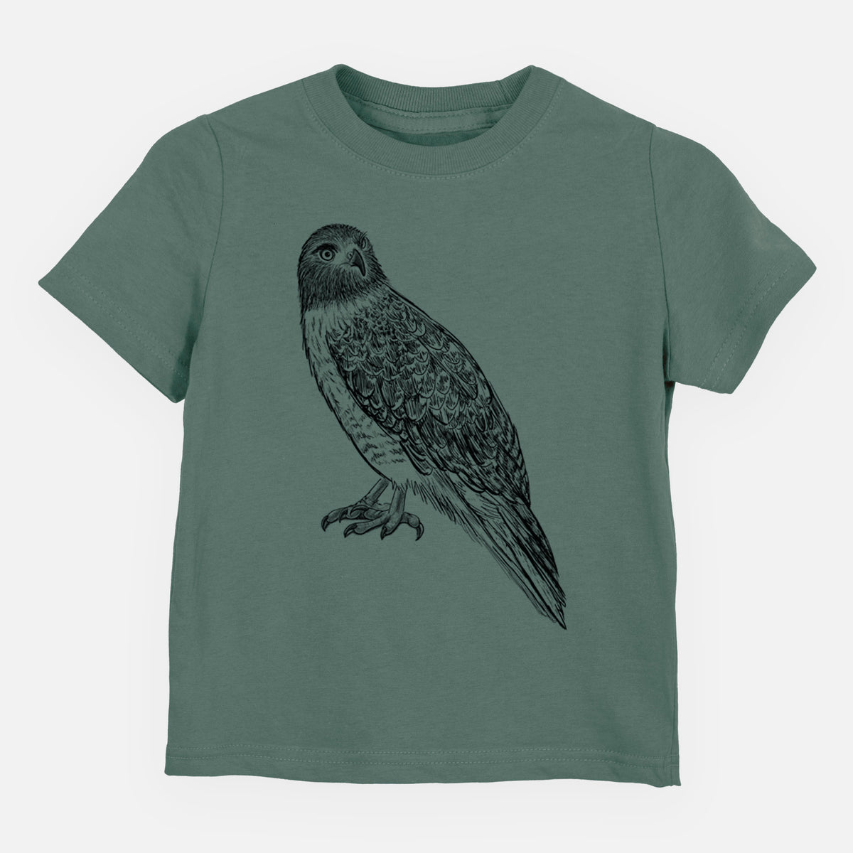 Basil green toddler t-shirt laid flat, printed with a detailed black ink illustration of a red-tailed hawk perched.