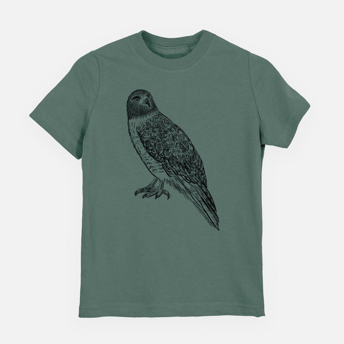 Basil green youth t-shirt laid flat, printed with a detailed black ink illustration of a red-tailed hawk perched.