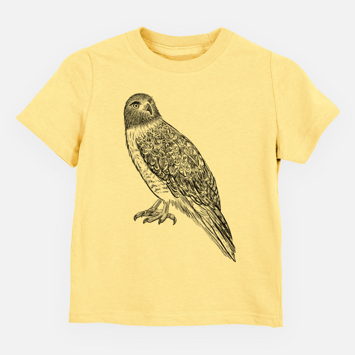 Butter yellow toddler t-shirt laid flat, printed with a detailed black ink illustration of a red-tailed hawk perched.