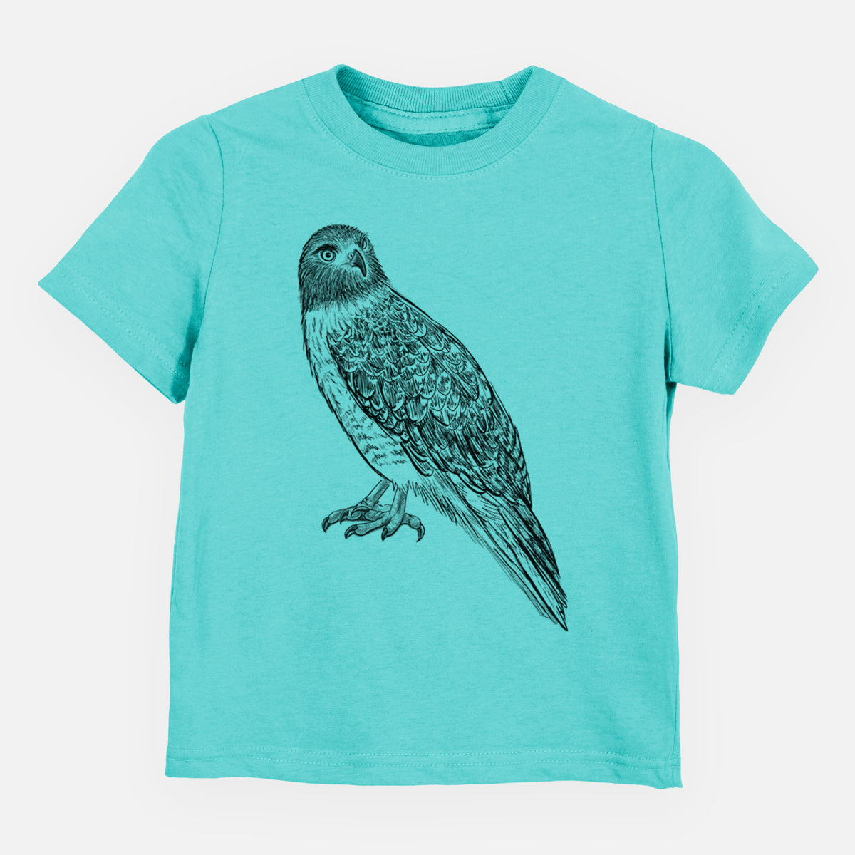 Caribbean blue toddler t-shirt laid flat, printed with a detailed black ink illustration of a red-tailed hawk perched.