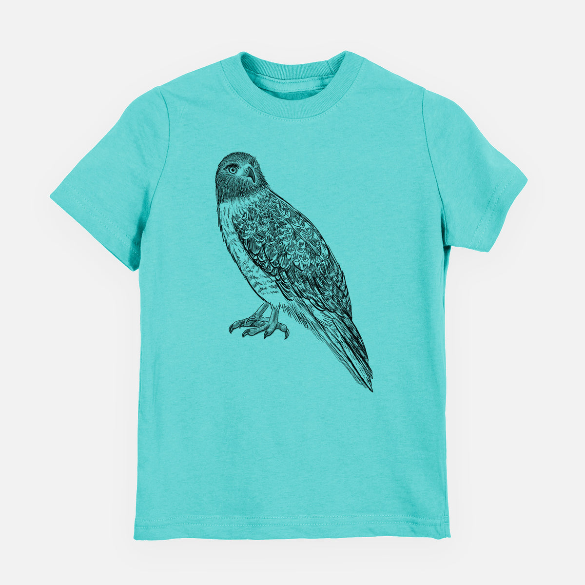 Caribbean blue youth t-shirt laid flat, printed with a detailed black ink illustration of a red-tailed hawk perched.