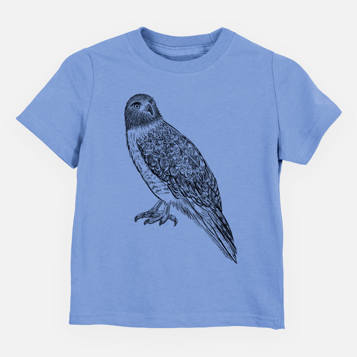 Carolina blue toddler t-shirt laid flat, printed with a detailed black ink illustration of a red-tailed hawk perched.