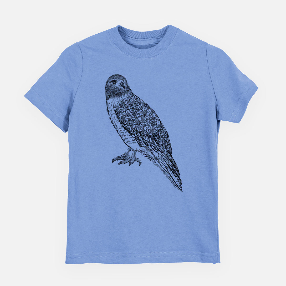 Carolina blue youth t-shirt laid flat, printed with a detailed black ink illustration of a red-tailed hawk perched.