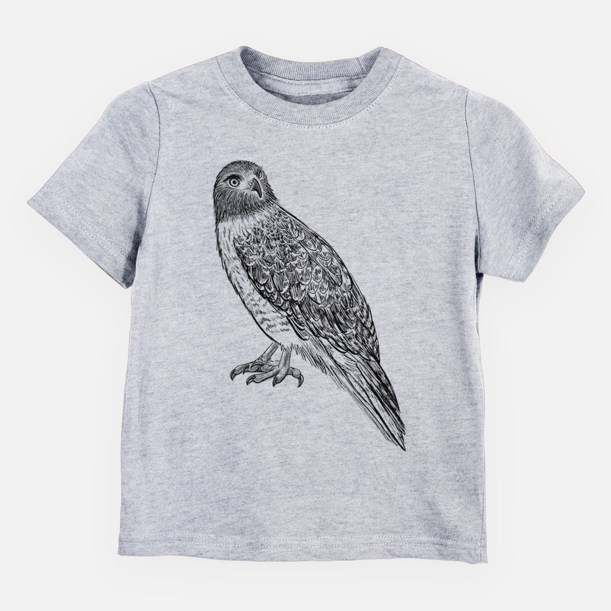 Heather grey toddler t-shirt laid flat, printed with a detailed black ink illustration of a red-tailed hawk perched.