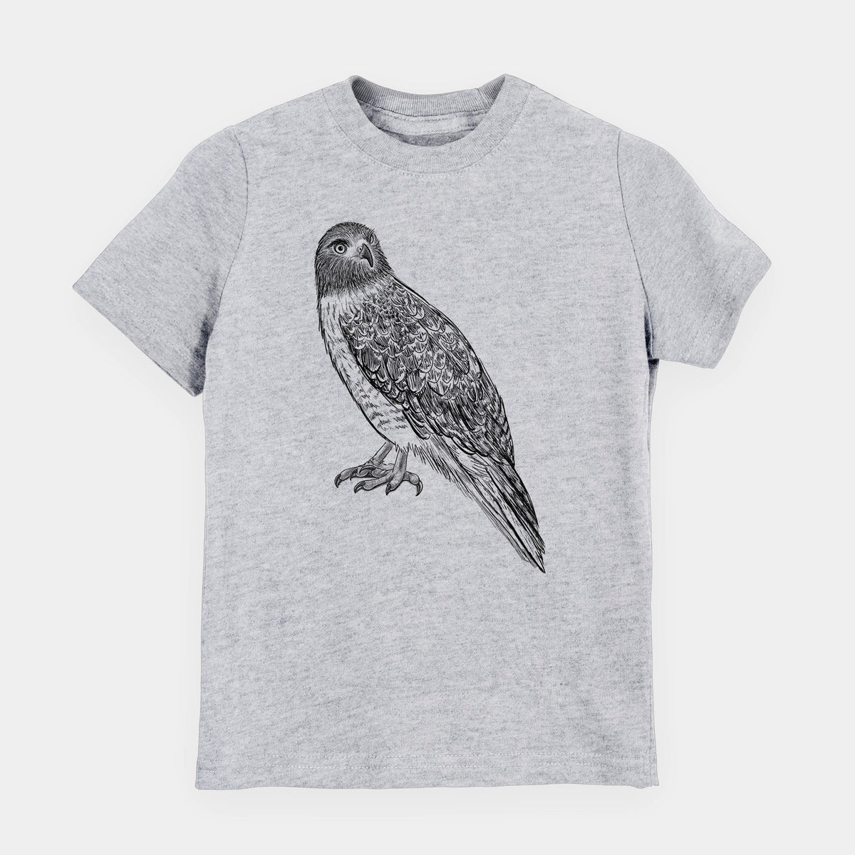 Heather grey youth t-shirt laid flat, printed with a detailed black ink illustration of a red-tailed hawk perched.