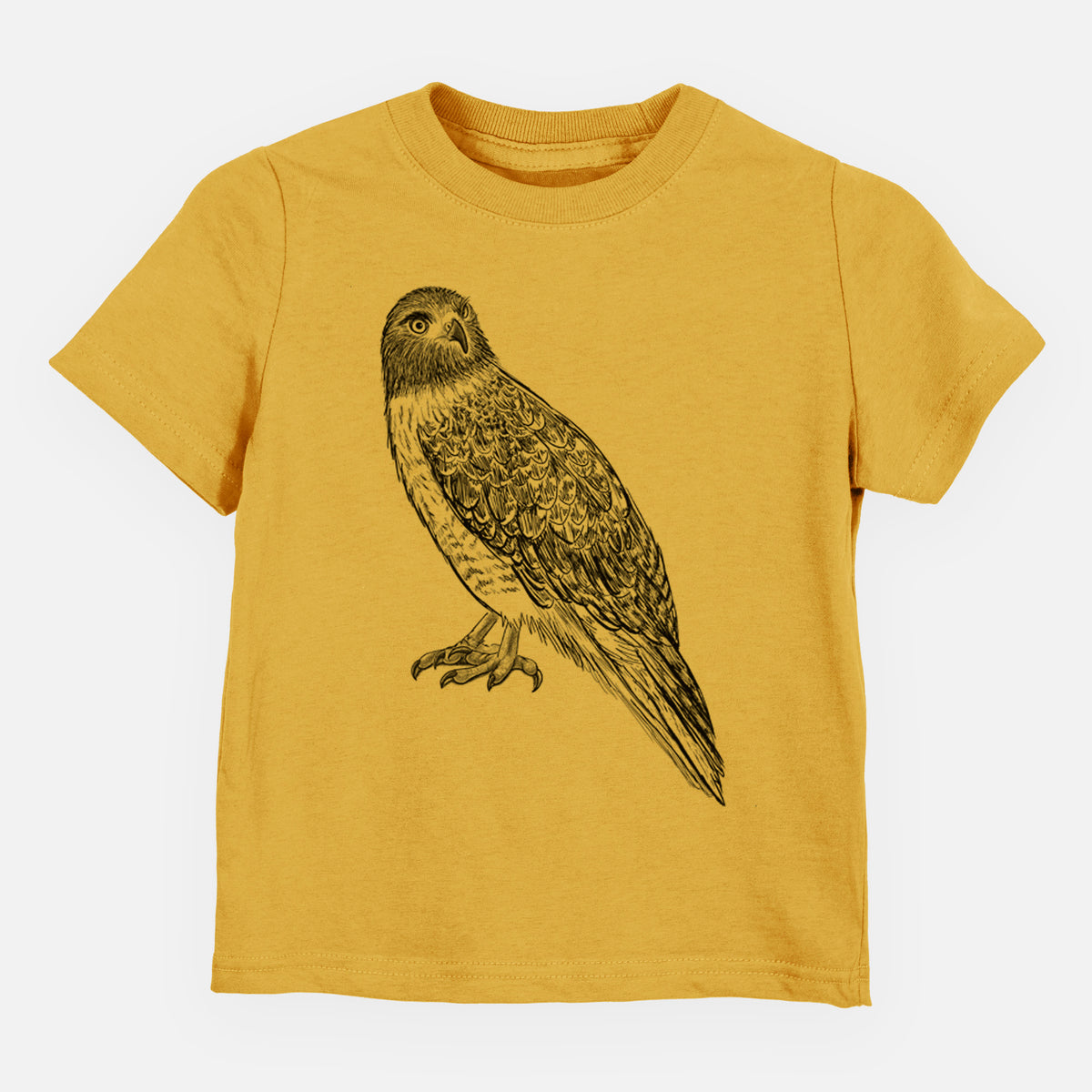 Honeycomb yellow toddler t-shirt laid flat, printed with a detailed black ink illustration of a red-tailed hawk perched.