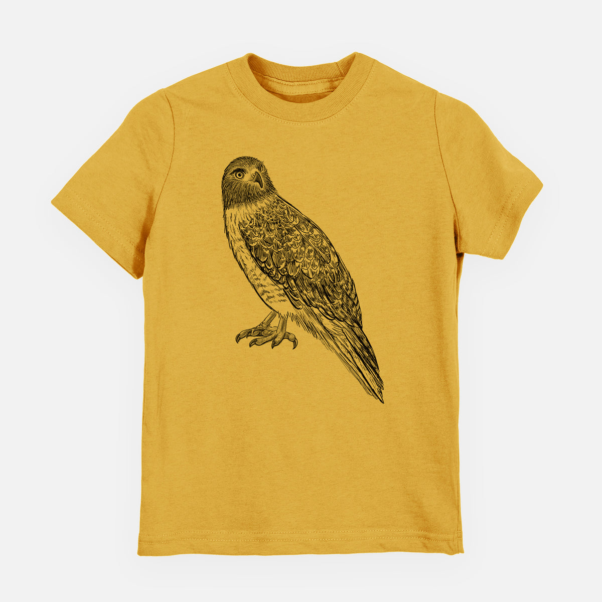 Honeycomb yellow youth t-shirt laid flat, printed with a detailed black ink illustration of a red-tailed hawk perched.