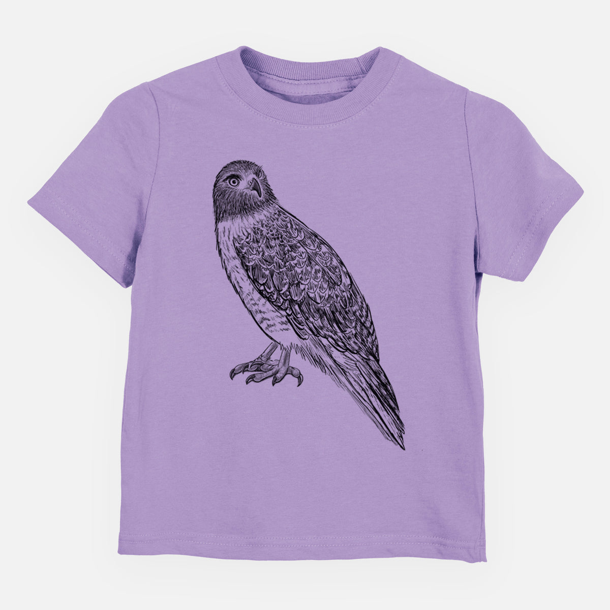 Lavender toddler t-shirt laid flat, printed with a detailed black ink illustration of a red-tailed hawk perched.