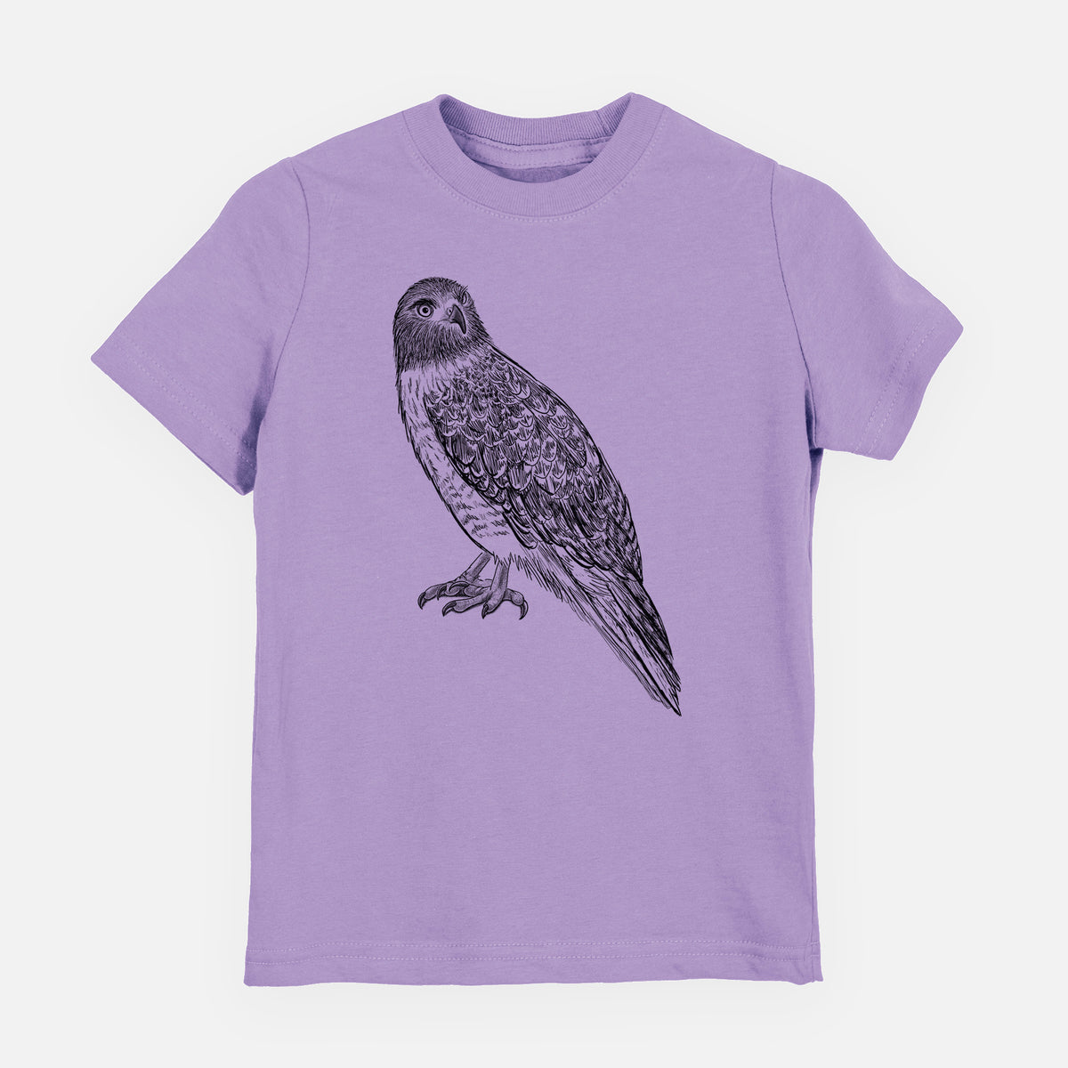 Lavender youth t-shirt laid flat, printed with a detailed black ink illustration of a red-tailed hawk perched.