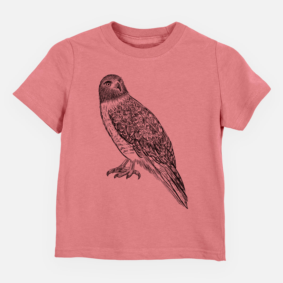 Mauve pink toddler t-shirt laid flat, printed with a detailed black ink illustration of a red-tailed hawk perched.
