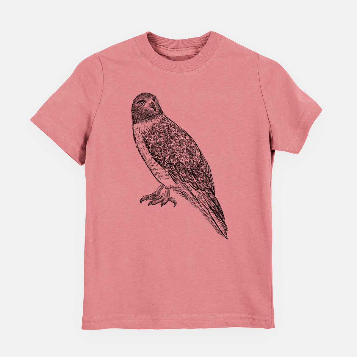Mauve pink youth t-shirt laid flat, printed with a detailed black ink illustration of a red-tailed hawk perched.