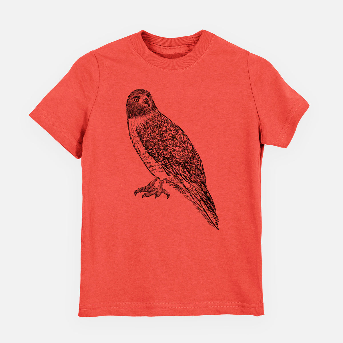 Passionfruit pink youth t-shirt laid flat, printed with a detailed black ink illustration of a red-tailed hawk perched.