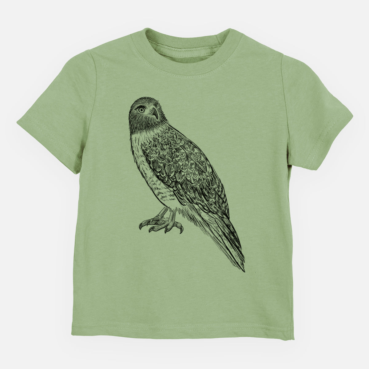 Sage green toddler t-shirt laid flat, printed with a detailed black ink illustration of a red-tailed hawk perched.