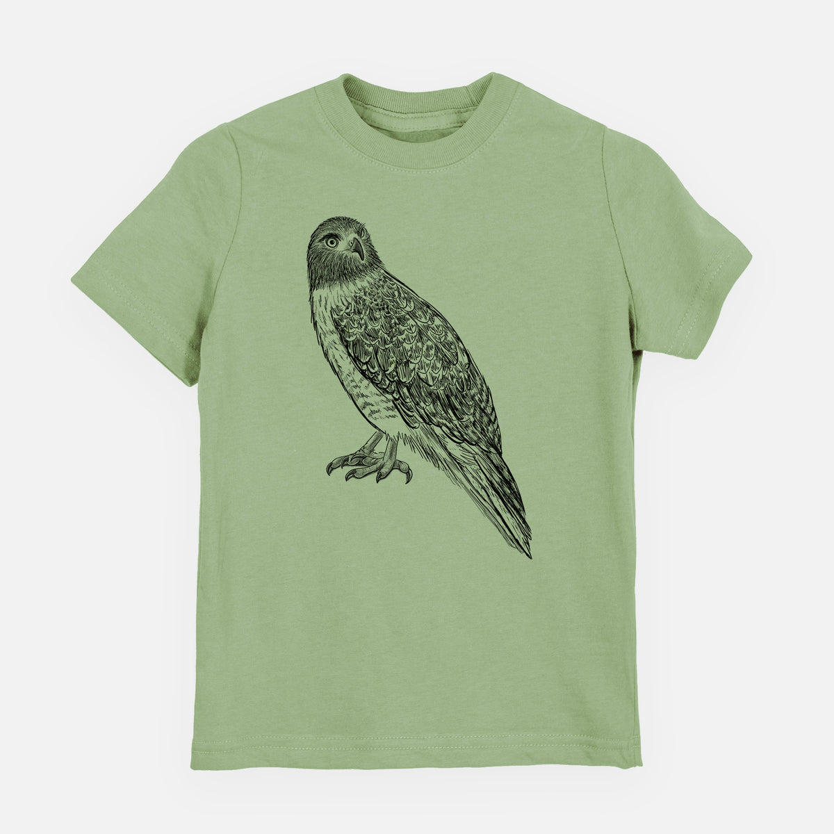 Sage green youth t-shirt laid flat, printed with a detailed black ink illustration of a red-tailed hawk perched.
