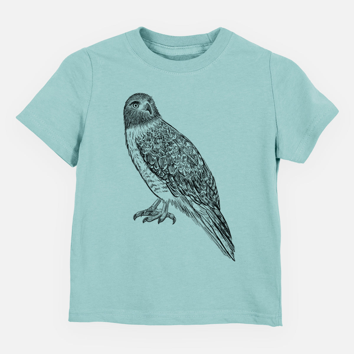 Saltwater toddler t-shirt laid flat, printed with a detailed black ink illustration of a red-tailed hawk perched.