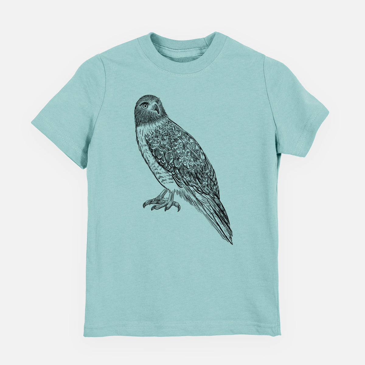 Saltwater youth t-shirt laid flat, printed with a detailed black ink illustration of a red-tailed hawk perched.