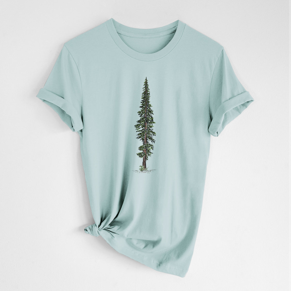 Dusty blue lightweight cotton t-shirt laid flat with the sleeves rolled, printed with a full-color illustration of a single tall coast redwood tree.