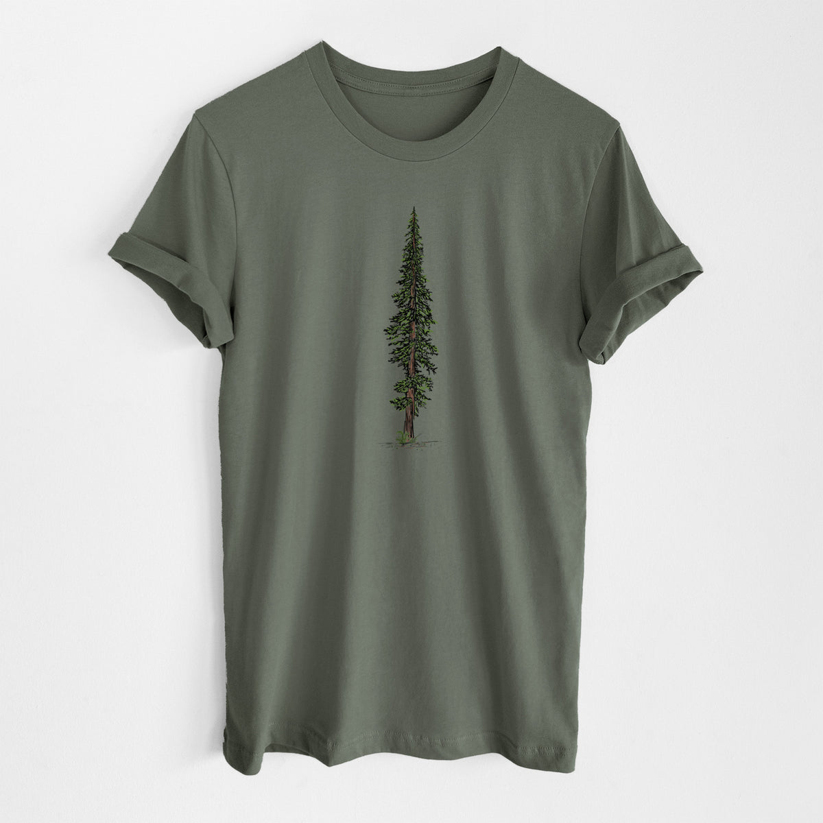 Military green lightweight cotton t-shirt laid flat, printed with a full-color illustration of a single tall coast redwood tree.