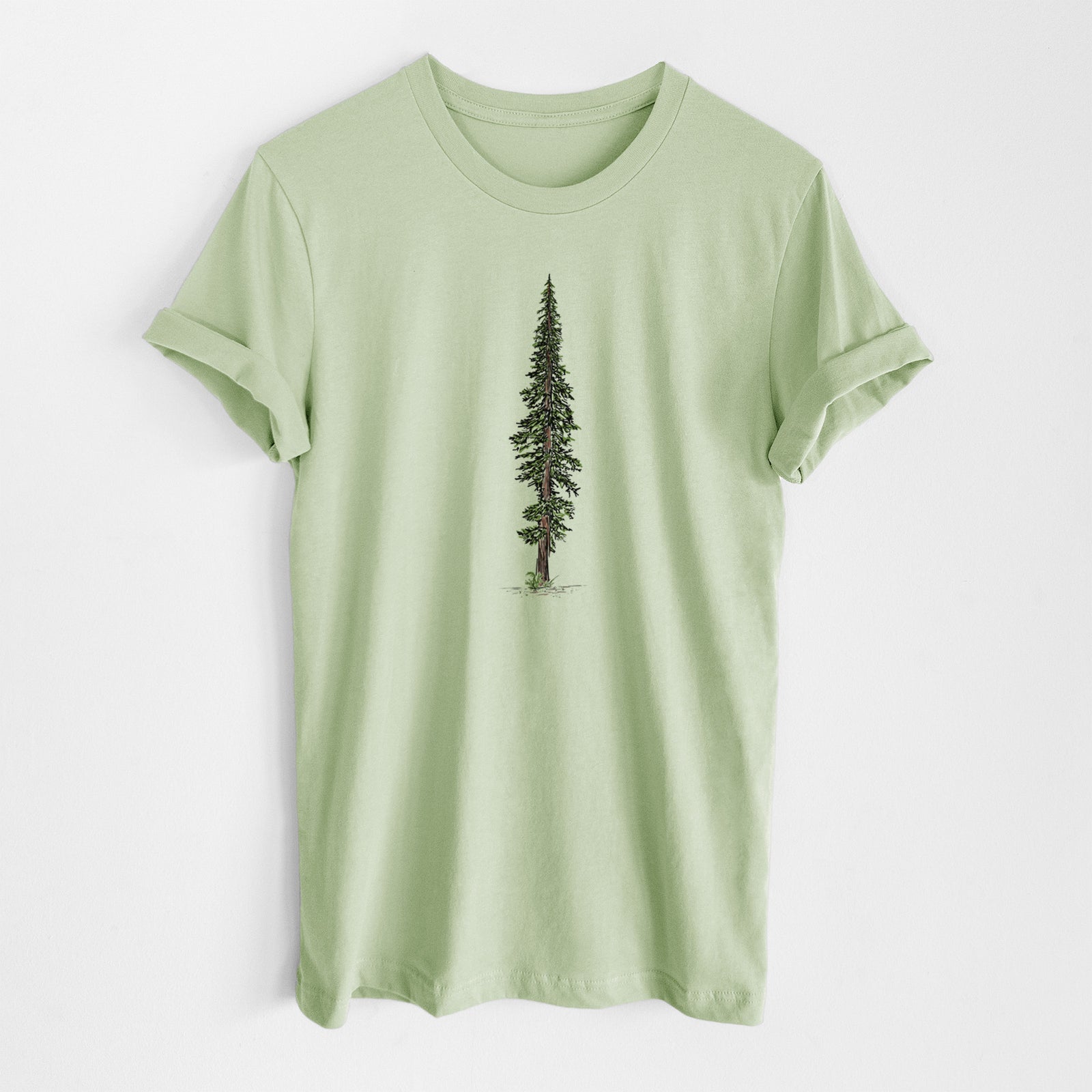 Spring green lightweight cotton t-shirt laid flat, printed with a full-color illustration of a single tall coast redwood tree.