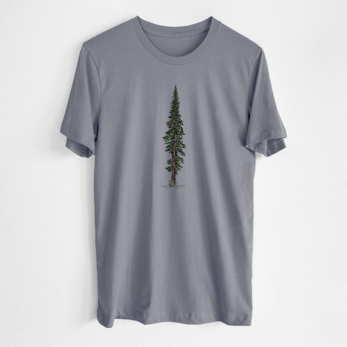 Storm grey lightweight cotton t-shirt laid flat, printed with a full-color illustration of a single tall coast redwood tree.