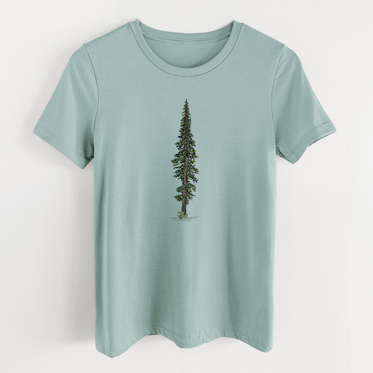 Dusty blue women's relaxed fit cotton t-shirt laid flat, printed with a full-color illustration of a single tall coast redwood tree.