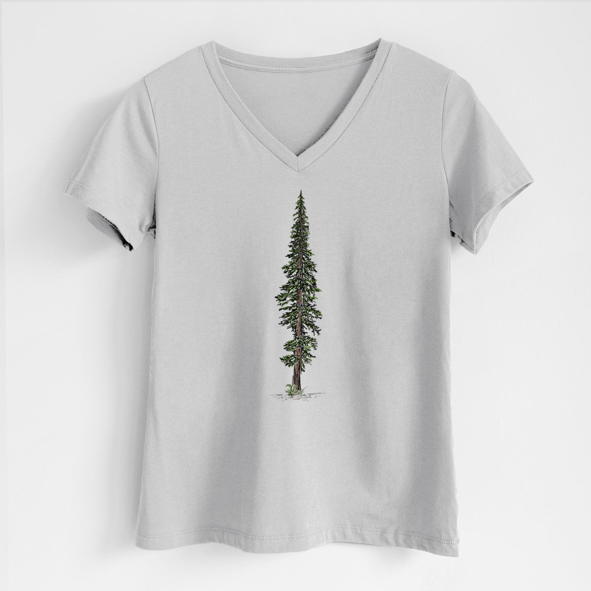 Lunar grey women's relaxed fit cotton V-neck t-shirt laid flat, printed with a full-color illustration of a single tall coast redwood tree.