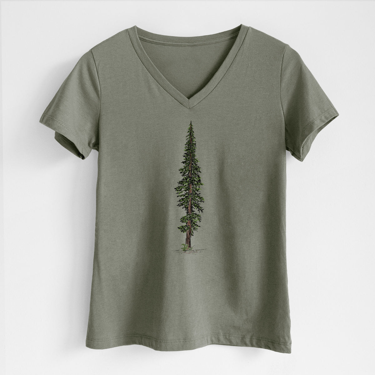 Military green women's relaxed fit cotton V-neck t-shirt laid flat, printed with a full-color illustration of a single tall coast redwood tree.