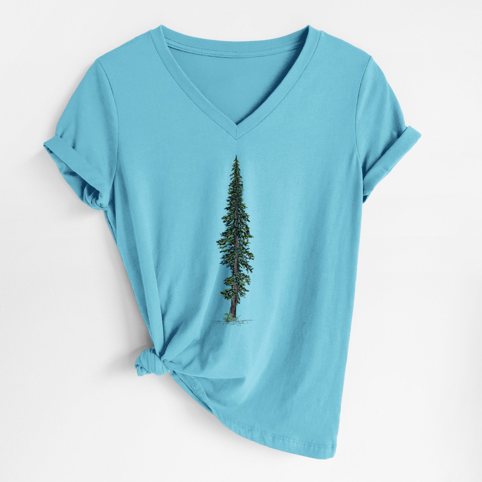 Turquoise women's relaxed fit cotton V-neck t-shirt laid flat, printed with a full-color illustration of a single tall coast redwood tree.